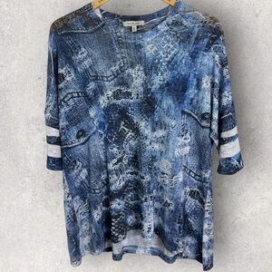 Jess & Jane Blue Tunic Top Womens Size Medium Lightweight Lagenlook Print Knit M